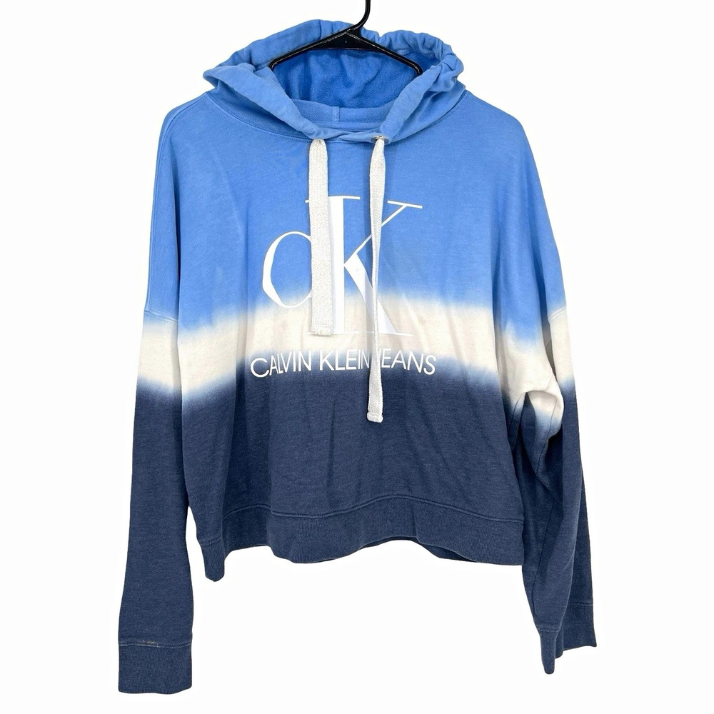 Calvin Klein Jeans Women L Blue Ombré Logo Hoodie Pullover Dip Dye Cropped